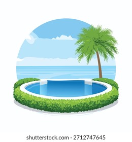 Illustration eines Swimmingpools umgeben von grünen Büschen, einer Palme und blauem Himmel. Der Stil ist karikaturenhaft und die Farben sind lebendig.