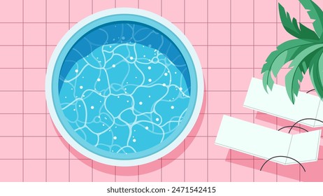 Illustration of a Swimming round pool clear blue water with bubbles and chaise lounges on pink tiles. Summer holiday, recreation background. Vector illustration