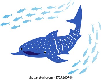 Illustration of swimming whale shark and small fish