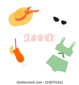 Illustration of swimsuit cocktail glasses and hat on white background