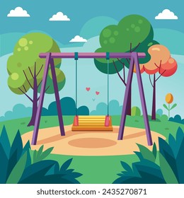 illustration of a swing in the park made in vector graphics with trees, flowers and clouds