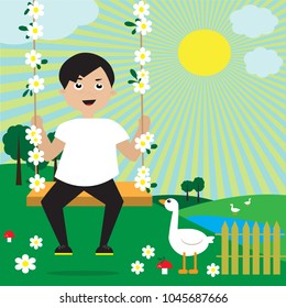 Illustration with swinging boy