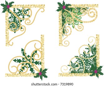 Illustration of swirling garland and pearls in a group of twisting snowflake corner elements.