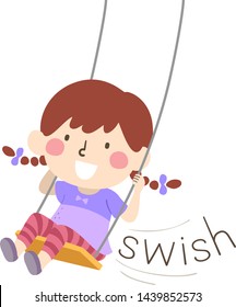 Illustration of Swish Sound and a Kid Girl on Swing. Learning Onomatopoeia