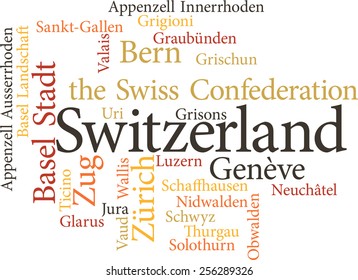 Illustration of the Swiss Cantons in word clouds isolated on white background