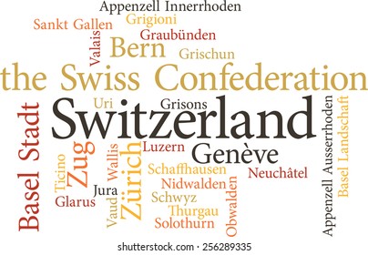 Illustration of the Swiss Cantons in word clouds isolated on white background