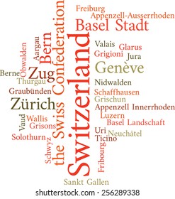 Illustration of the Swiss Cantons in word clouds isolated on white background