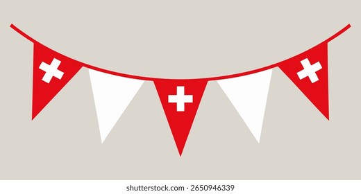 Illustration of Swiss National Day, bunting garland with swiss pennants, red and white, national holiday of Switzerland, string of triangular flags, vector decorative element vector.
