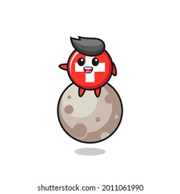 illustration of switzerland flag badge cartoon sitting on the moon , cute style design for t shirt, sticker, logo element