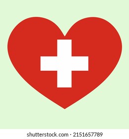 Ilustración de la bandera de Suiza con forma de corazón. El corazón vectorial forma la bandera de Suiza aislada en un fondo plano.  Amo Suiza. Feliz Día de la Independencia