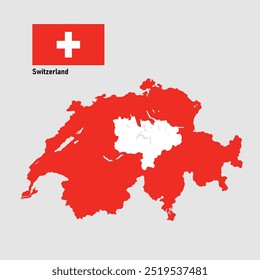 An illustration of the Switzerland flag with a map would feature the iconic Swiss flag—a red square with a bold white cross in the center—prominently displayed.