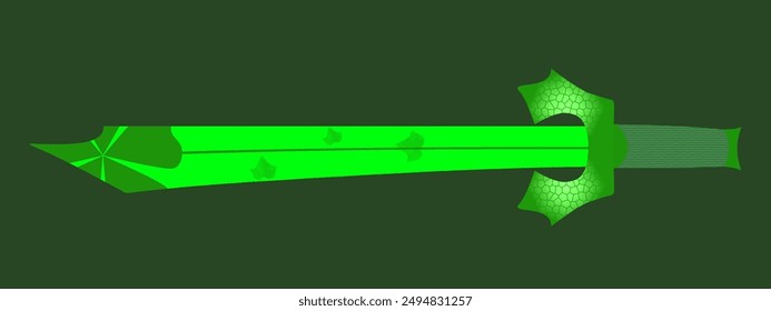 An illustration of a sword with a dark green leaf design with a bright green blade.