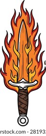 Illustration of a sword engulfed in flames representing strength and conflict