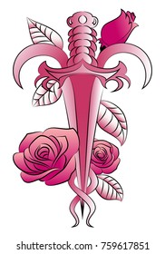 illustration of a sword flowers tattoo on isolated white background