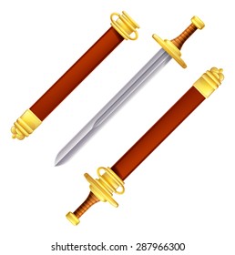 An illustration of a sword in and out of its scabbard