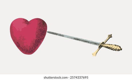 Illustration of a sword piercing a red heart. The heart and sword symbolize love and conflict. Heart and sword imagery conveys emotion and drama. Vintage art drawing, isolated vector element.