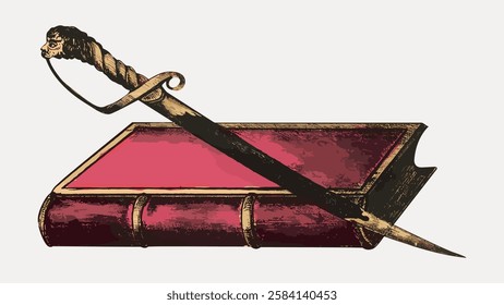 Illustration of a sword resting on a closed book. The sword and book symbolize knowledge and power. Vintage style, sword and book in harmony. Vintage art illustration, vector.