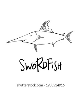 illustration of a swordfish, isolated on white. doodle , line. sketch, sea animal. Book illustration, t shirt graphics. coloring line vector design isolated black on white background