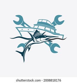 illustration of swordfish and sailing boat, icon for boat repair service.