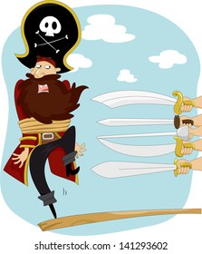 Illustration of Swords Pointing on Male Pirate Walking the Plank for Execution