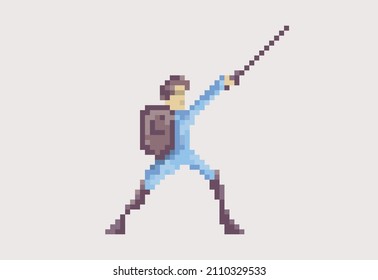 Illustration of a swordsman warrior in pixel art style