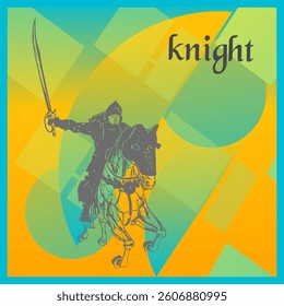 An illustration of a sword-wielding knight with a geometric, colorful background. The abstract style highlights bravery and adventure.