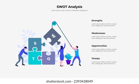 Illustration of SWOT analysis or strategic planning. Infographic design template. A man lifts a puzzle piece on a rope