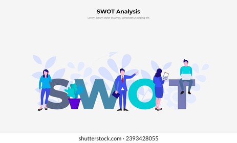 Illustration of SWOT analysis or strategic planning. Infographic design template with people