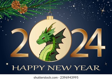 Illustration with the symbol of 2024 dragon.New Year vector illustration with text and dragon in a Christmas ball.
