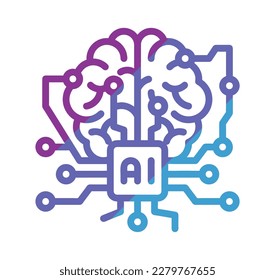 Illustration Symbol of computer neural network or artificial intelligence in neon virtual world with shining title on scientist palm