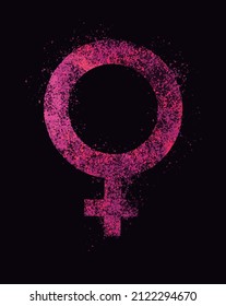 Illustration of the symbol of the female gender. Splashed effect on black background. Icon of the woman's symbol. 