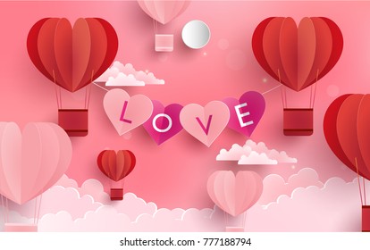 illustration symbol of love with the design of paper art and craft. a pink background with clouds and hot air balloons as a symbol of love