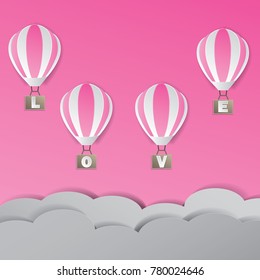 illustration symbol of love with the design of paper art and craft. a pink background with clouds and hot air balloons as a symbol of love