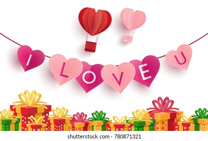 illustration symbol of love with the design of paper art and craft. hot air balloons as a symbol of love. happy valentine's day