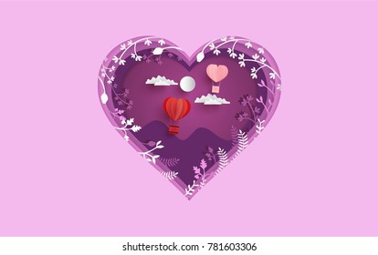 illustration symbol of love with the design of paper art and craft. hot air balloons as a symbol of love. happy valentine's day