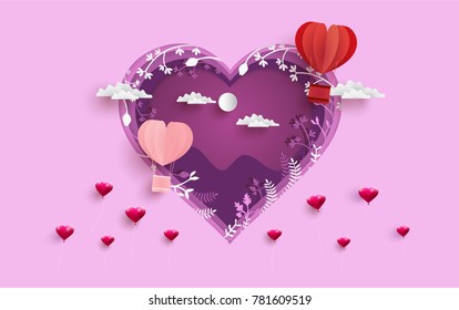 illustration symbol of love with the design of paper art and craft. hot air balloons as a symbol of love. happy valentine's day
