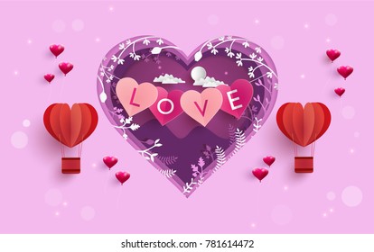 illustration symbol of love with the design of paper art and craft. beautiful hot air balloons as a symbol of love. happy valentine's day