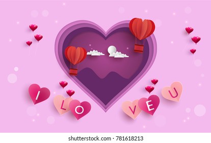 illustration symbol of love with the design of paper art and craft. beautiful hot air balloons as a symbol of love. happy valentine's day