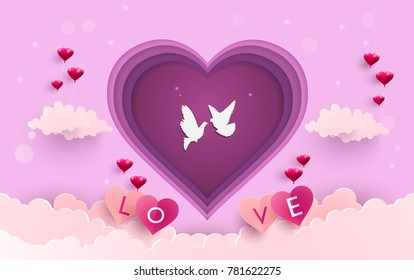 illustration symbol of love with the design of paper art and craft. There are pigeons and symbols of love on the clouds