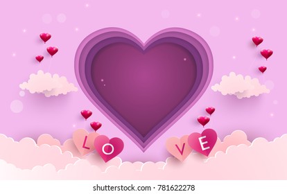 illustration symbol of love with the design of paper art and craft. There are balloons and symbols of love on the clouds