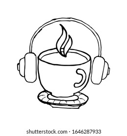 illustration and symbol of music coffee and coffee cups, black and white - coloring page.