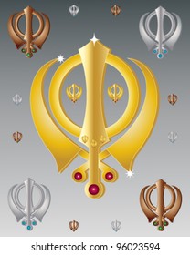 an illustration of the symbol of the sikh faith in metallic colors on a gray background
