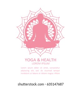 Illustration with symbol of yoga studio and text. Yoga and health, poster design. Yogi girl and lotus flower vector. The emblem of yoga class. Sign of relaxation and relax. Decorative emblem, logotype