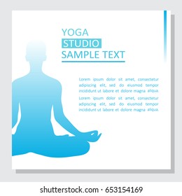 Illustration with symbol of yoga studio and text. Yoga and health, poster design. Yogi girl vector. The emblem of yoga class. Sign of relaxation and relax. Decorative emblem, logotype