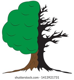 An illustration of a symbolic tree of two halves alive and green and dried and dead