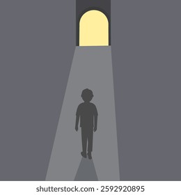 Illustration of symbolizes the journey of mental health, depicting a person walking toward light from darkness, representing hope, recovery, and self-discovery