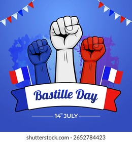 
Illustration symbolizing Bastille Day with raised fists in red, white, and blue, French flags, and decorative banners evoking patriotism and the French national holiday.
