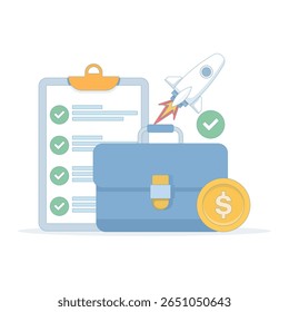ilustração simbolizando o lançamento comercial, a realização do objetivo e o planejamento financeiro. pasta azul contendo moedas de foguete, lista de verificação e dólar. crescimento e sucesso nos negócios.