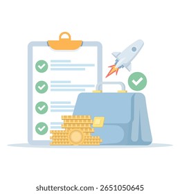 ilustração simbolizando o lançamento comercial, a realização do objetivo e o planejamento financeiro. pasta azul contendo moedas de foguete, lista de verificação e dólar. crescimento e sucesso nos negócios.