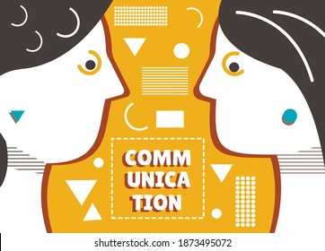 Ilustración que simboliza la comunicación entre personas. Dos perfiles de caras opuestas en un fondo geométrico.